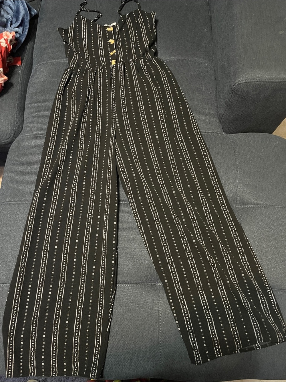 Black Striped Wide-Leg Jumpsuit with Button-Front Bodice